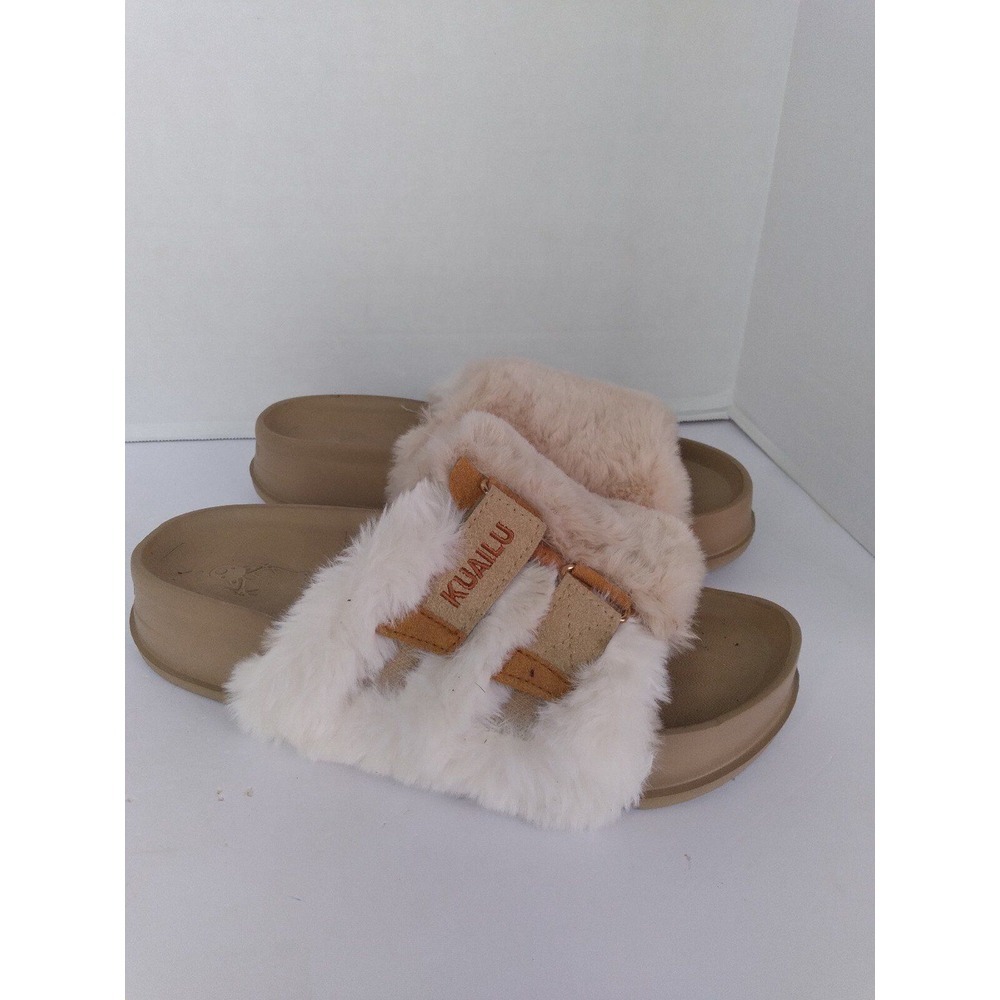 Kuailu Fuzzy Slides Platform Sandals Comfy‎ Slip On Beige Size (See Pics)